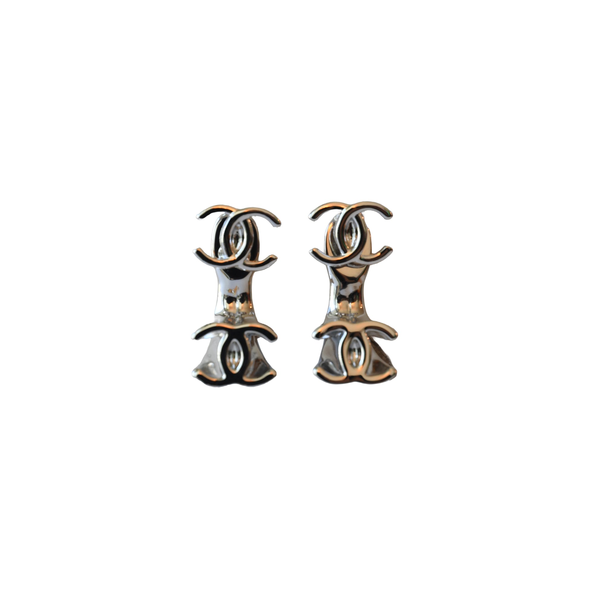 Chanel Double CC Drop Earrings Silver-NOBLEMARS