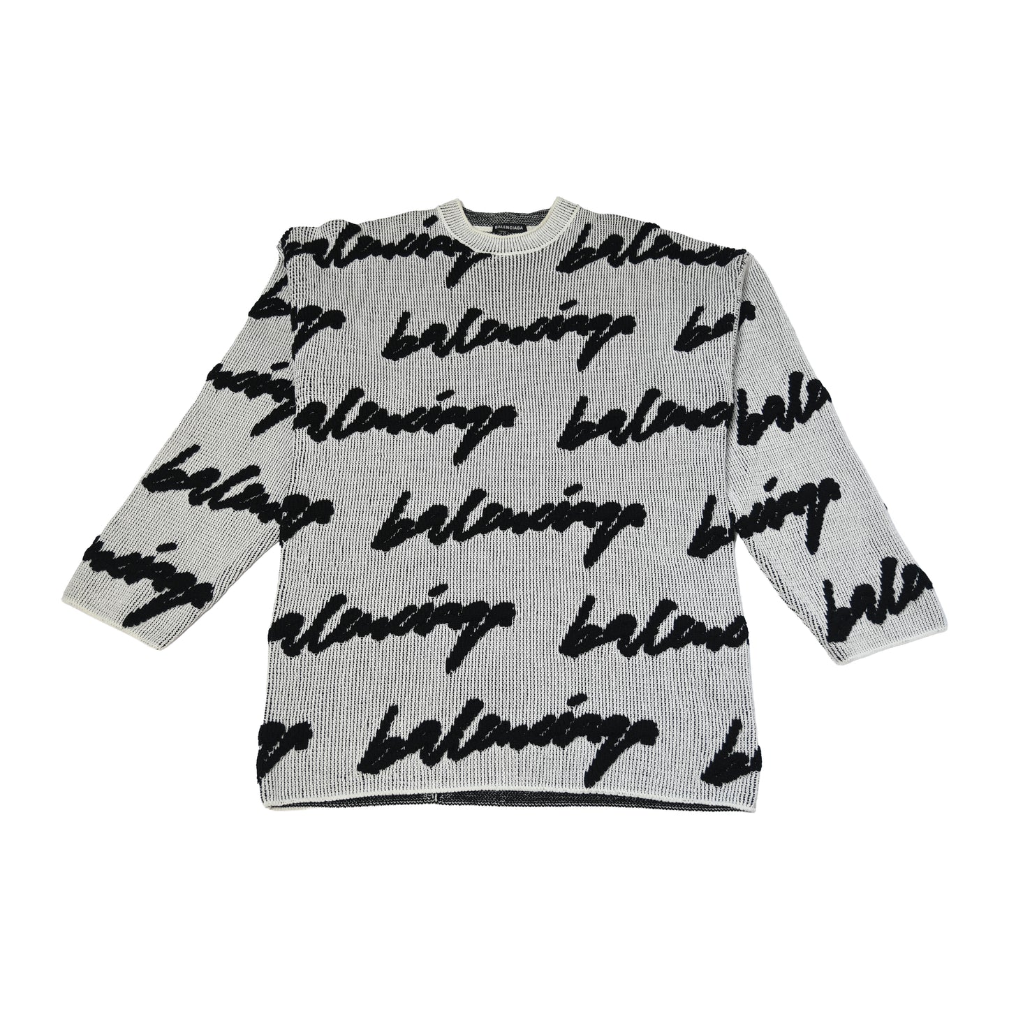 Balenciaga Scribble Logo Intarsia Knit Oversized Sweater Black White-NOBLEMARS