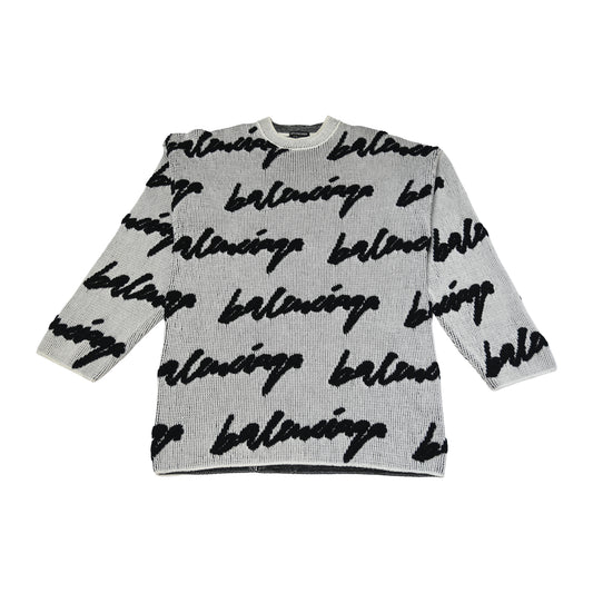 Balenciaga Scribble Logo Intarsia Knit Oversized Sweater Black White-NOBLEMARS