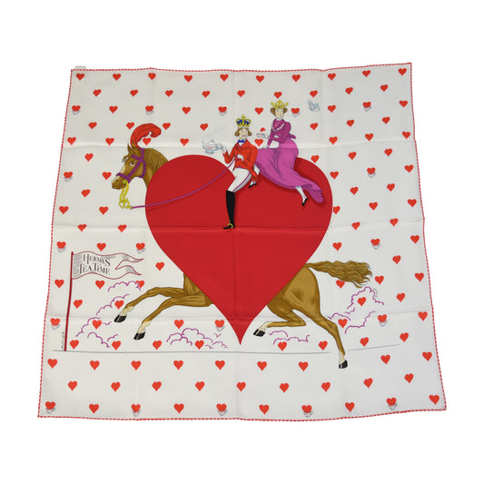 Hermes Carre 70 Tea Time Heart King And Queen Silk Square Scarf White Red-NOBLEMARS