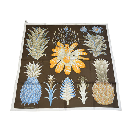 Hermes Index Bromeliaceae Silk Square Scarf 90 Brown Blue Yellow-NOBLEMARS