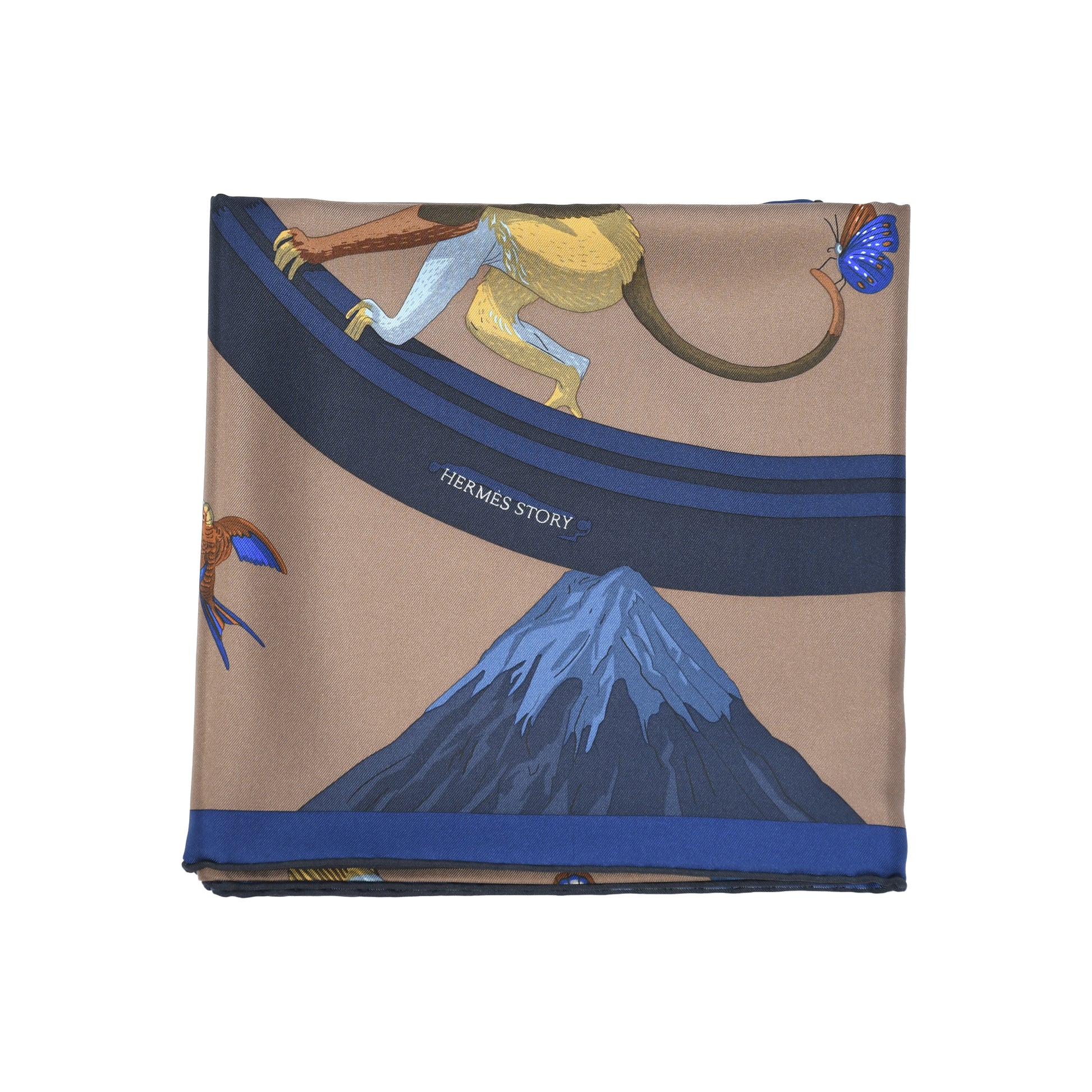 Hermes Silk "Hermes Story" Square Scarf 90 Marron Glace Blue-NOBLEMARS