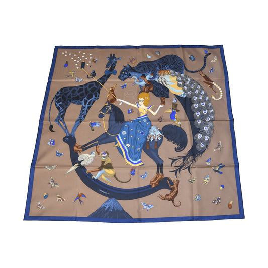 Hermes Silk "Hermes Story" Square Scarf 90 Marron Glace Blue-NOBLEMARS
