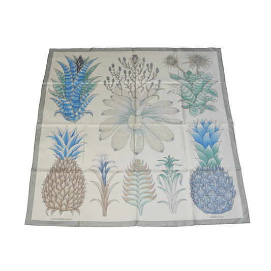 Hermes Index Bromeliaceae Silk Square Scarf 90 Gris Argent Bleu Vert Amande-NOBLEMARS