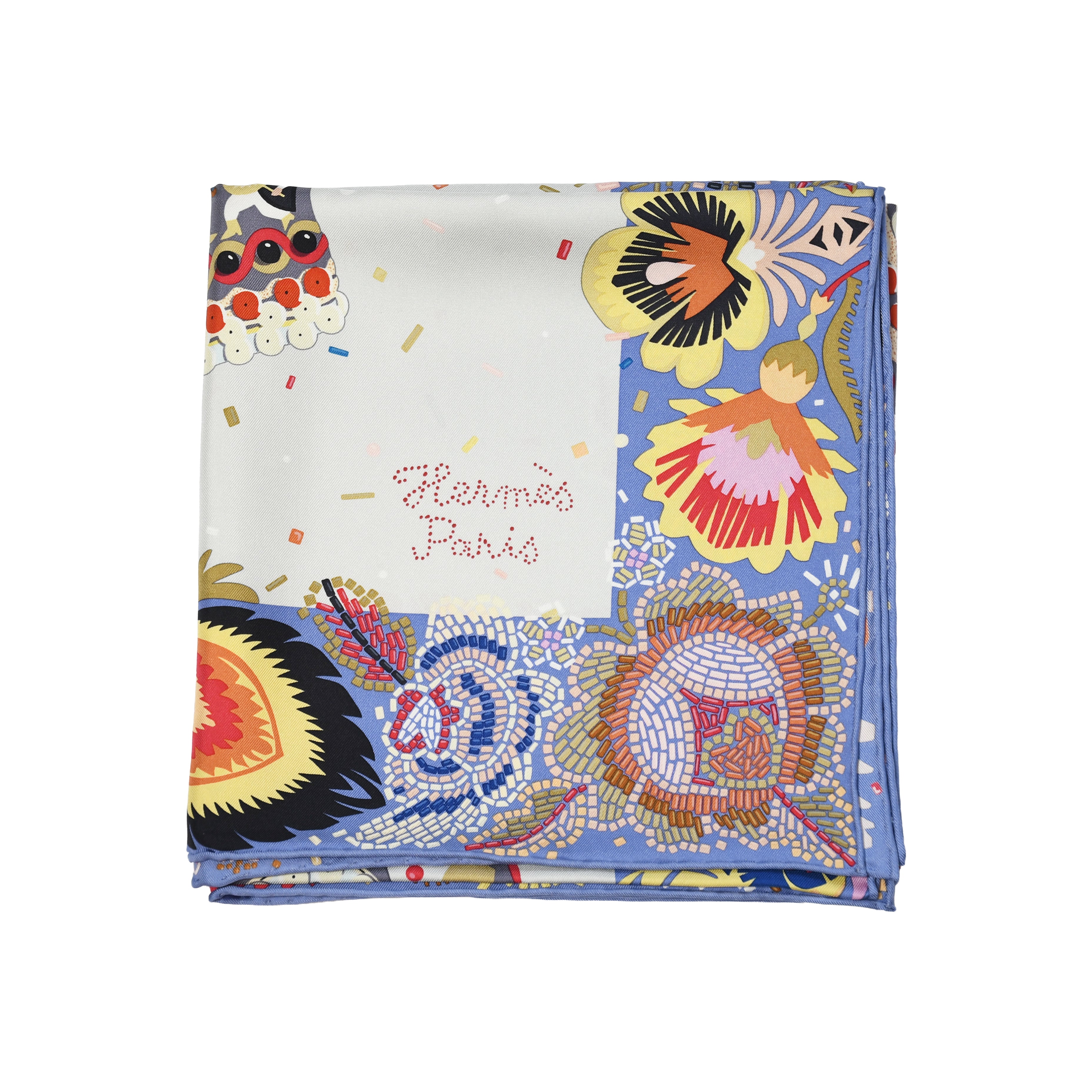 Hermes Costume de Fete 90 Silk Square Scarf White Light Blue