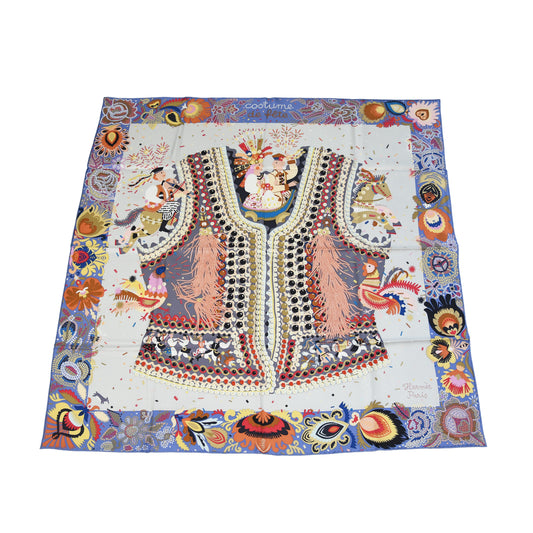 Hermes Costume de Fete 90 Silk Square Scarf White Light Blue-NOBLEMARS