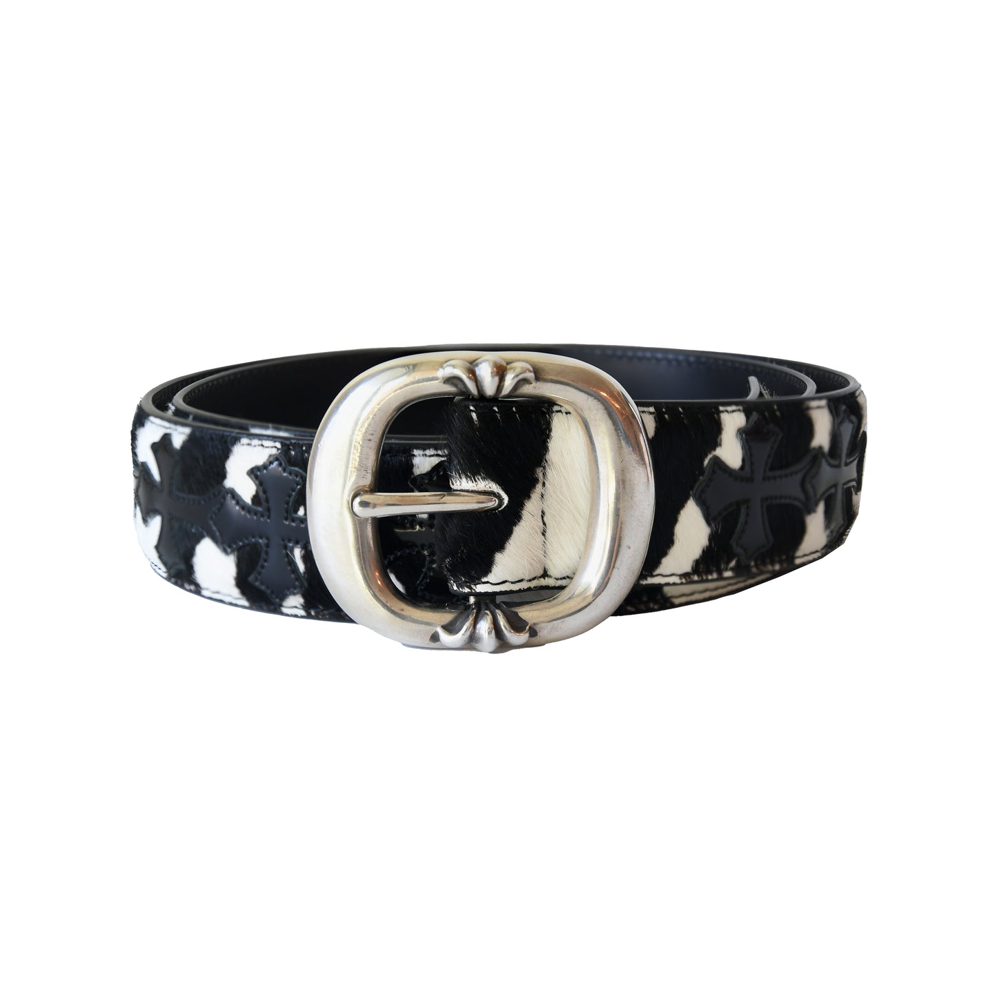 Chrome Hearts Cross Patch Zebra Pony Hair Gunslinger Belt Black White