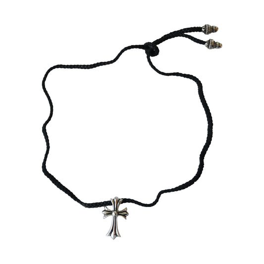 Chrome Hearts Tiny CH Cross Black Cord Necklace Silver