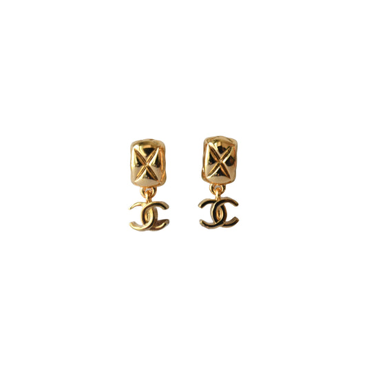 Chanel CC Interlocking Cushion Square Earrings Metal Gold