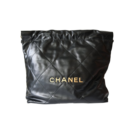 Chanel Shiny Calfskin Quilted Small Chanel 22 Tote Bag Gold Hardware Black