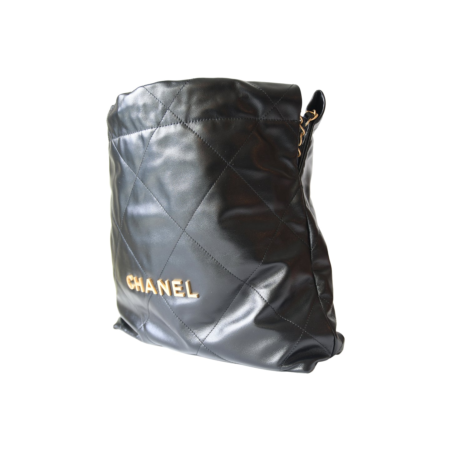 Chanel Shiny Calfskin Quilted Small Chanel 22 Tote Bag Gold Hardware Black
