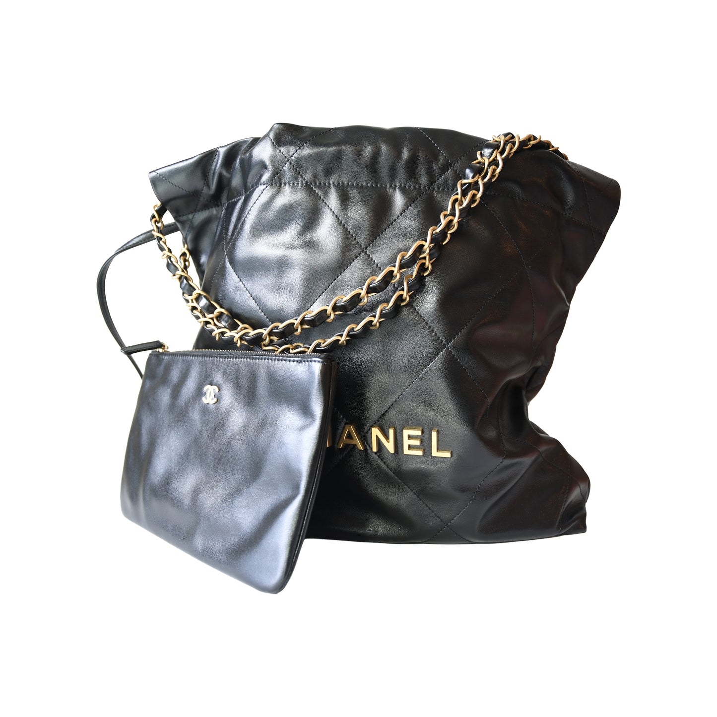 Chanel Shiny Calfskin Quilted Small Chanel 22 Tote Bag Gold Hardware Black