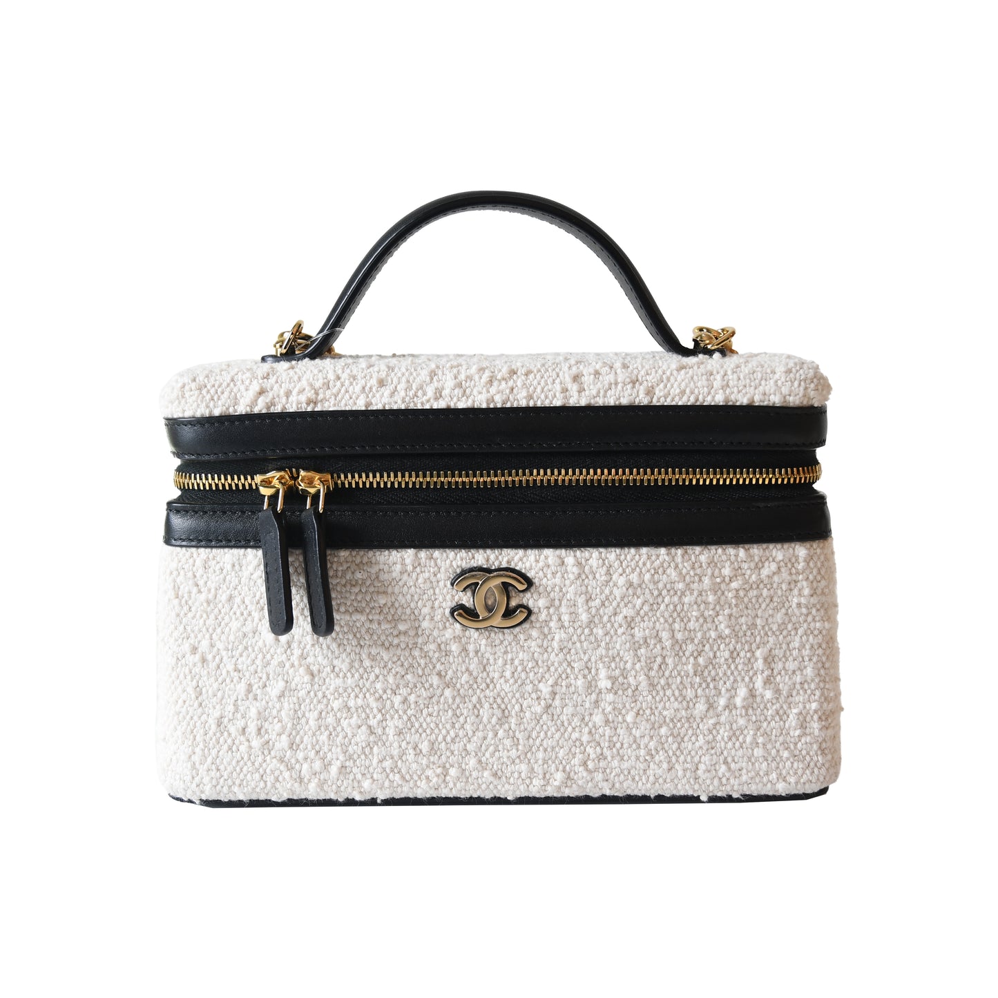 Chanel Coco Beach L19 Top Handle Long Vanity Case with Chain Ecru Tweed Black