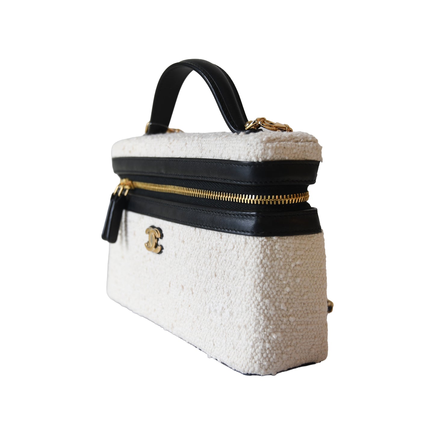 Chanel Coco Beach L19 Top Handle Long Vanity Case with Chain Ecru Tweed Black