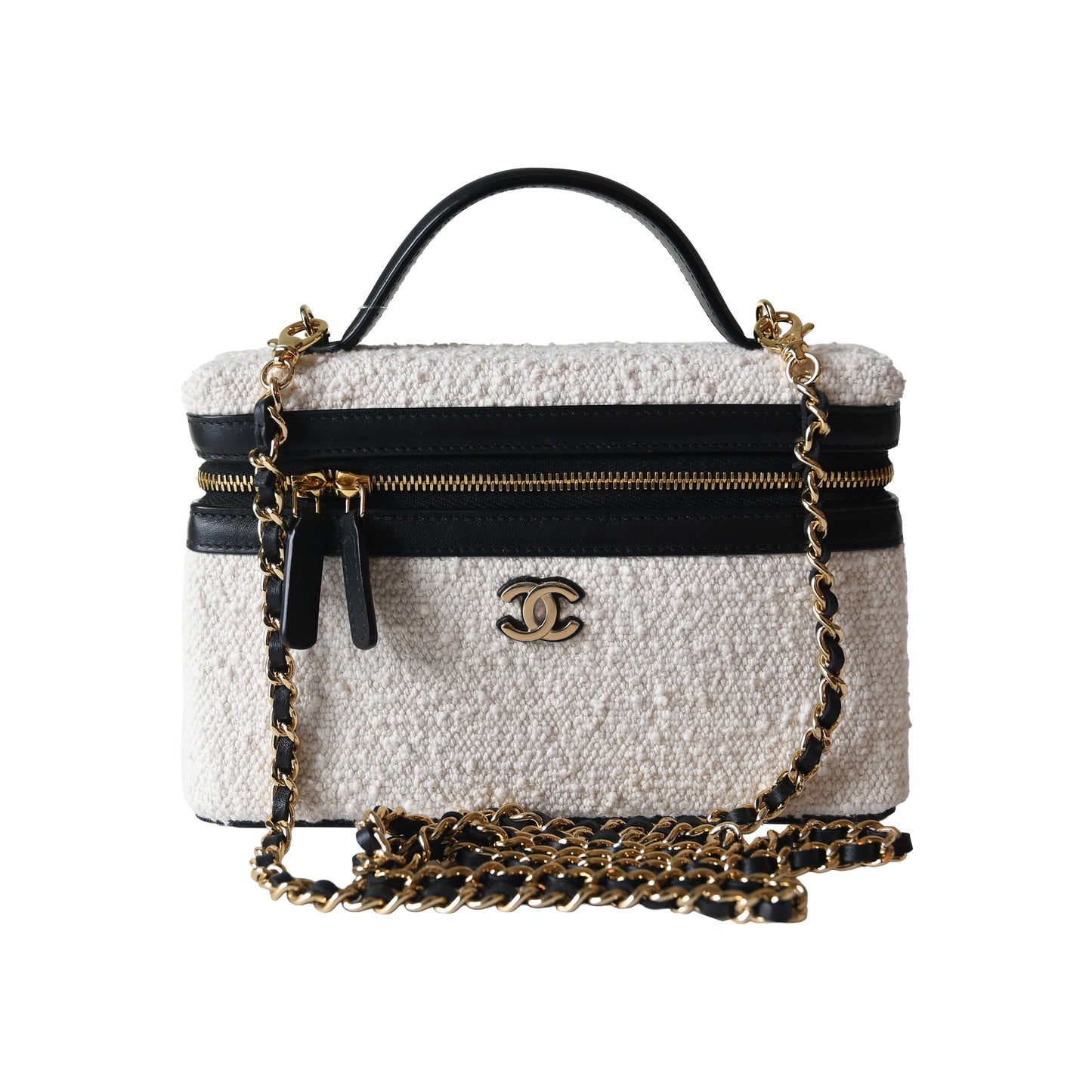 Chanel Coco Beach L19 Top Handle Long Vanity Case with Chain Ecru Tweed Black