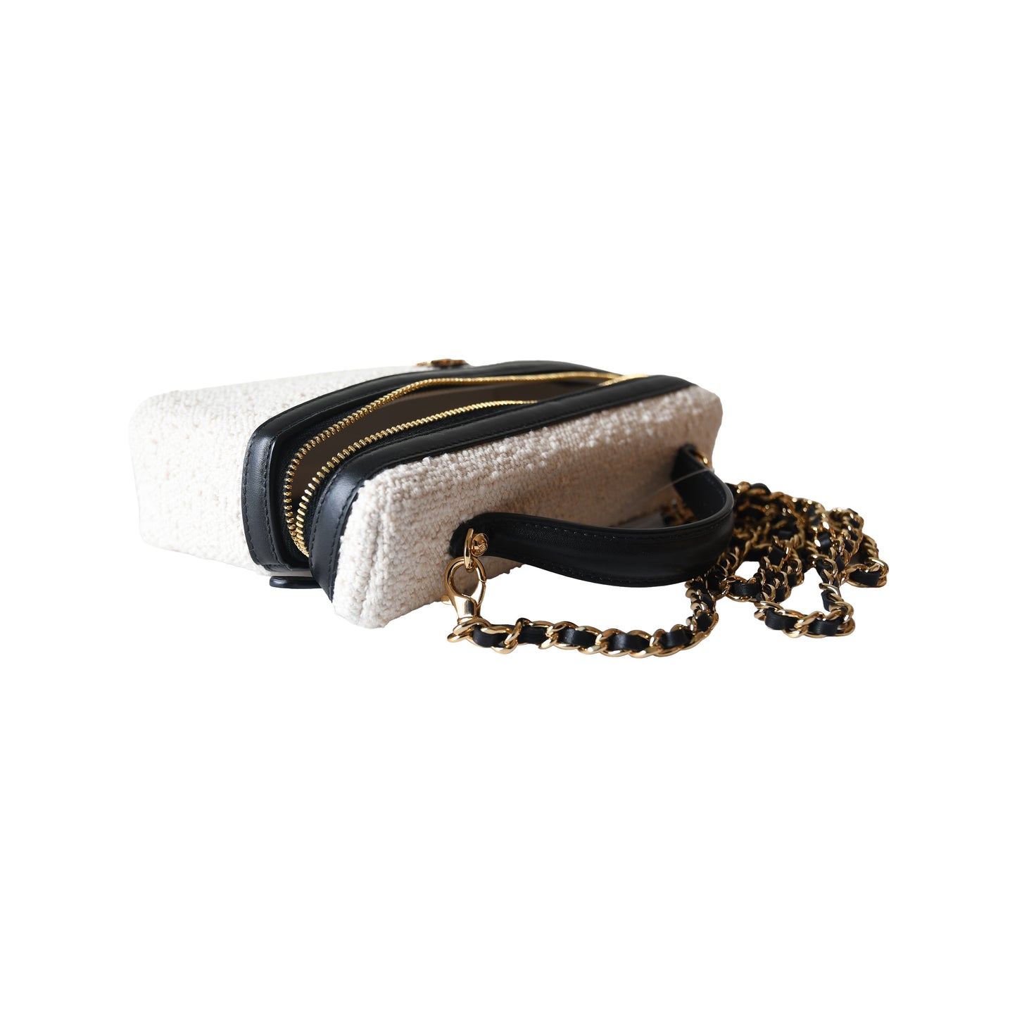 Chanel Coco Beach L19 Top Handle Long Vanity Case with Chain Ecru Tweed Black
