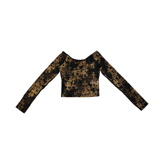 Chrome Hearts All Over Cross Print Off-Shoulder Mesh Long-Sleeve Top Brown- NOBLEMARS