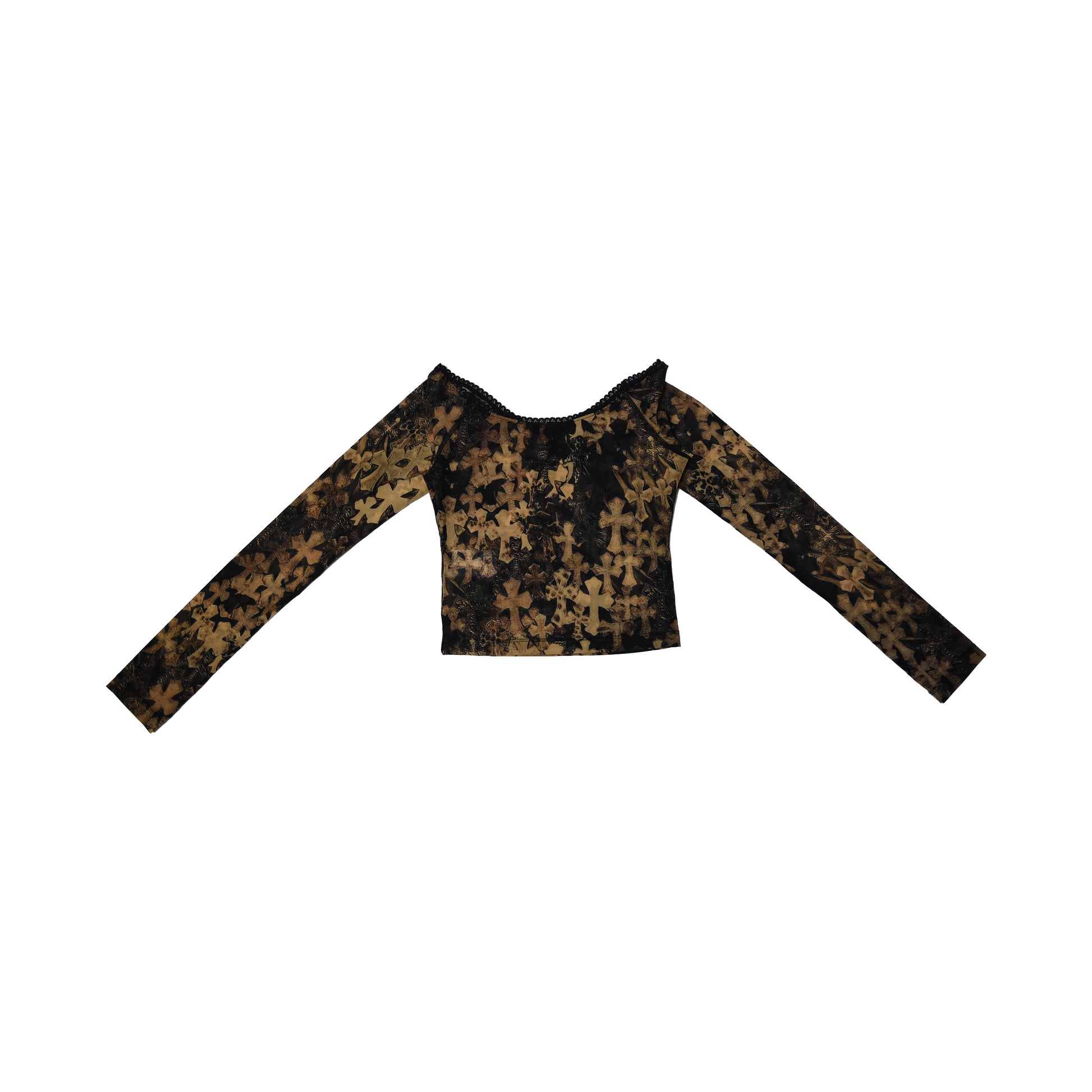 Chrome Hearts All Over Cross Print Off-Shoulder Mesh Long-Sleeve Top Brown- NOBLEMARS