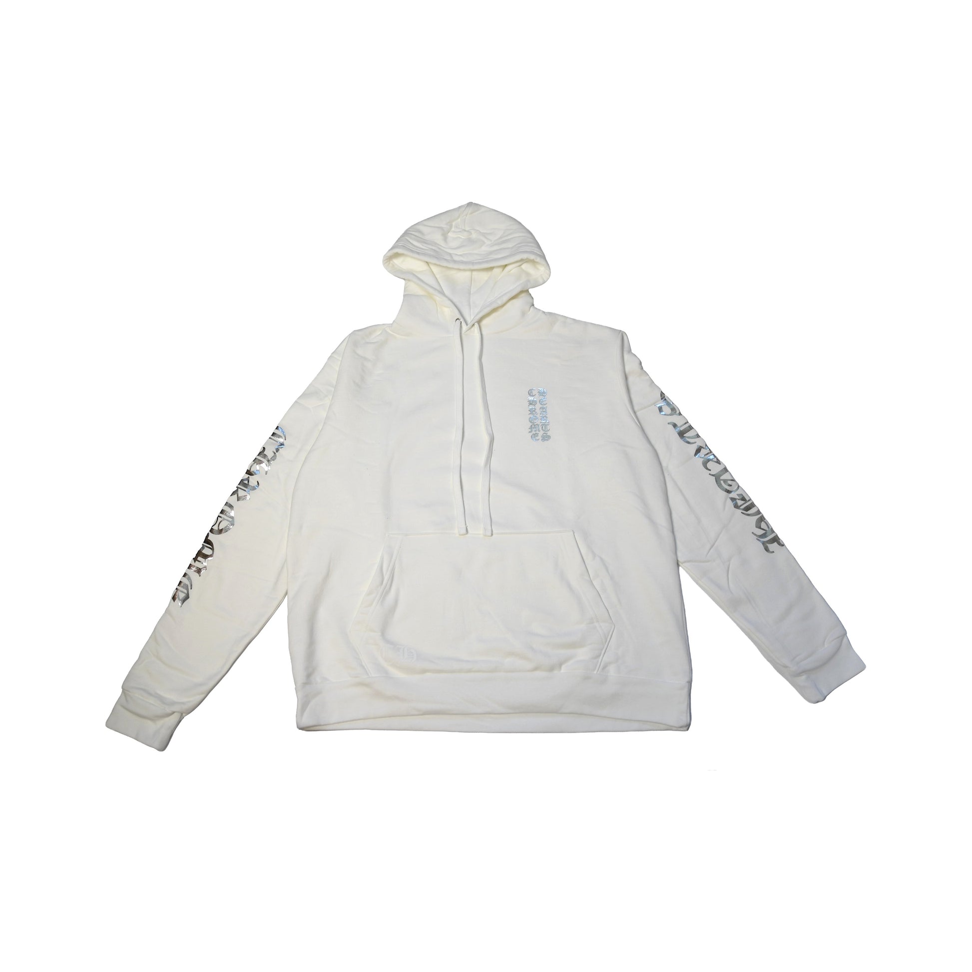 Chrome Hearts Silver Foil Print Vertical Logo Pullover Hoodie White- NOBLEMARS