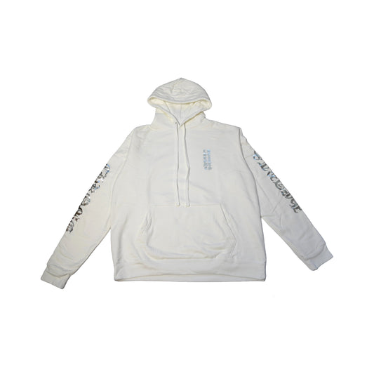 Chrome Hearts Silver Foil Print Vertical Logo Pullover Hoodie White- NOBLEMARS