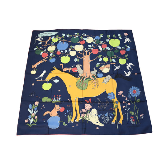 Hermes Le Pommier Sellier Carre 90 Scarf Navy Blue