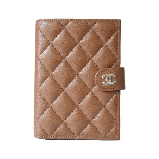 Chanel Caviar Quilted Passport Holder Wallet Camel