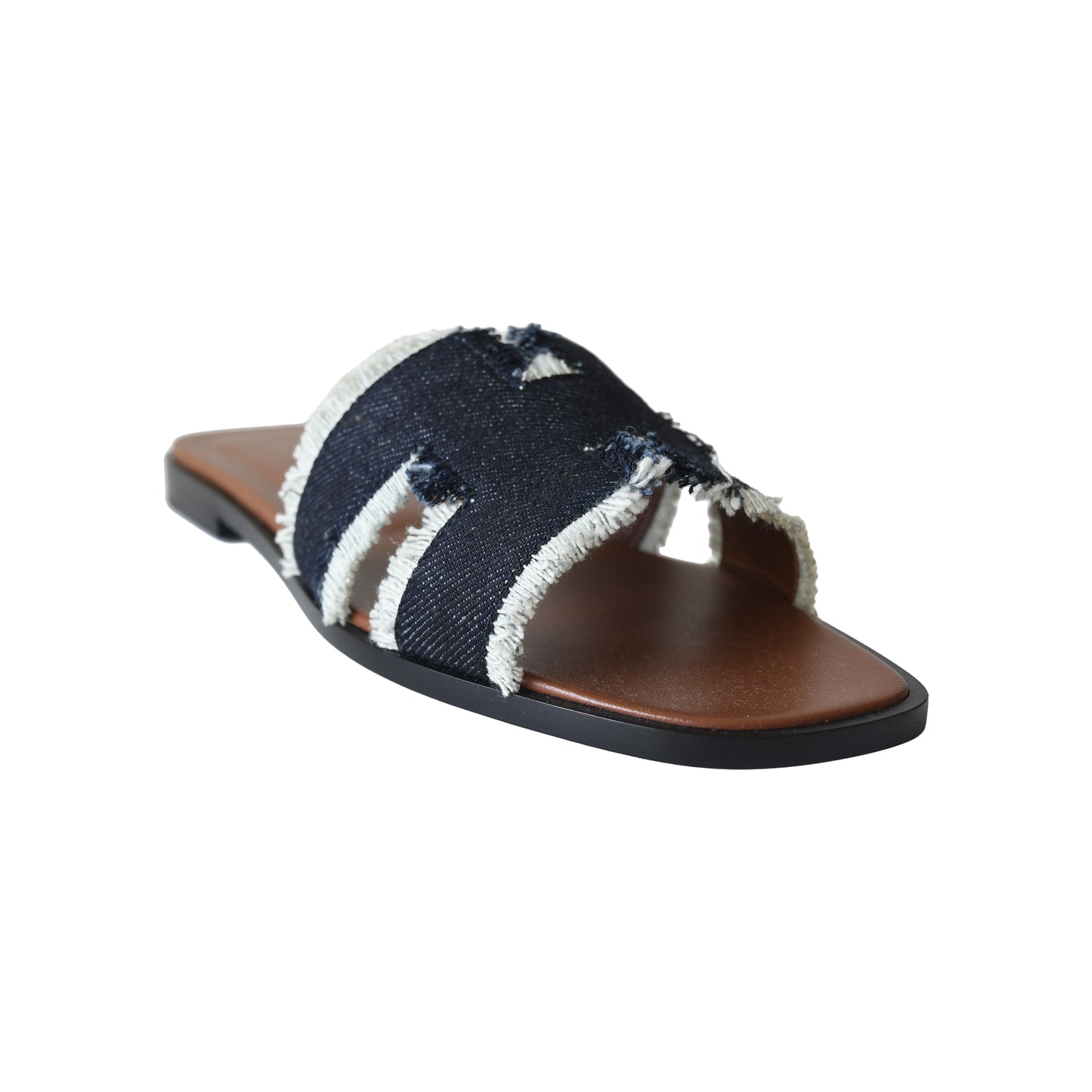 Hermes Oran Fringed Denim Sandal Dark Blue Denim