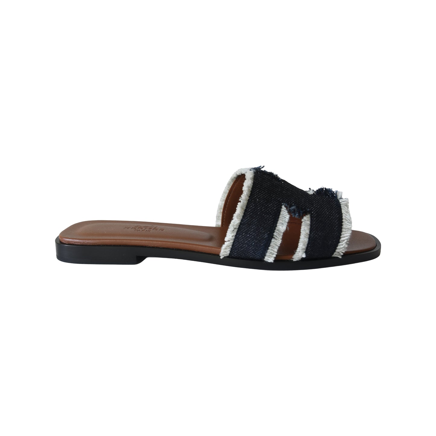 Hermes Oran Fringed Denim Sandal Dark Blue Denim