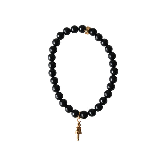 Chrome Hearts 22K Gold Matte Shiny Onyx Bead Bracelet with Dagger Charm Black