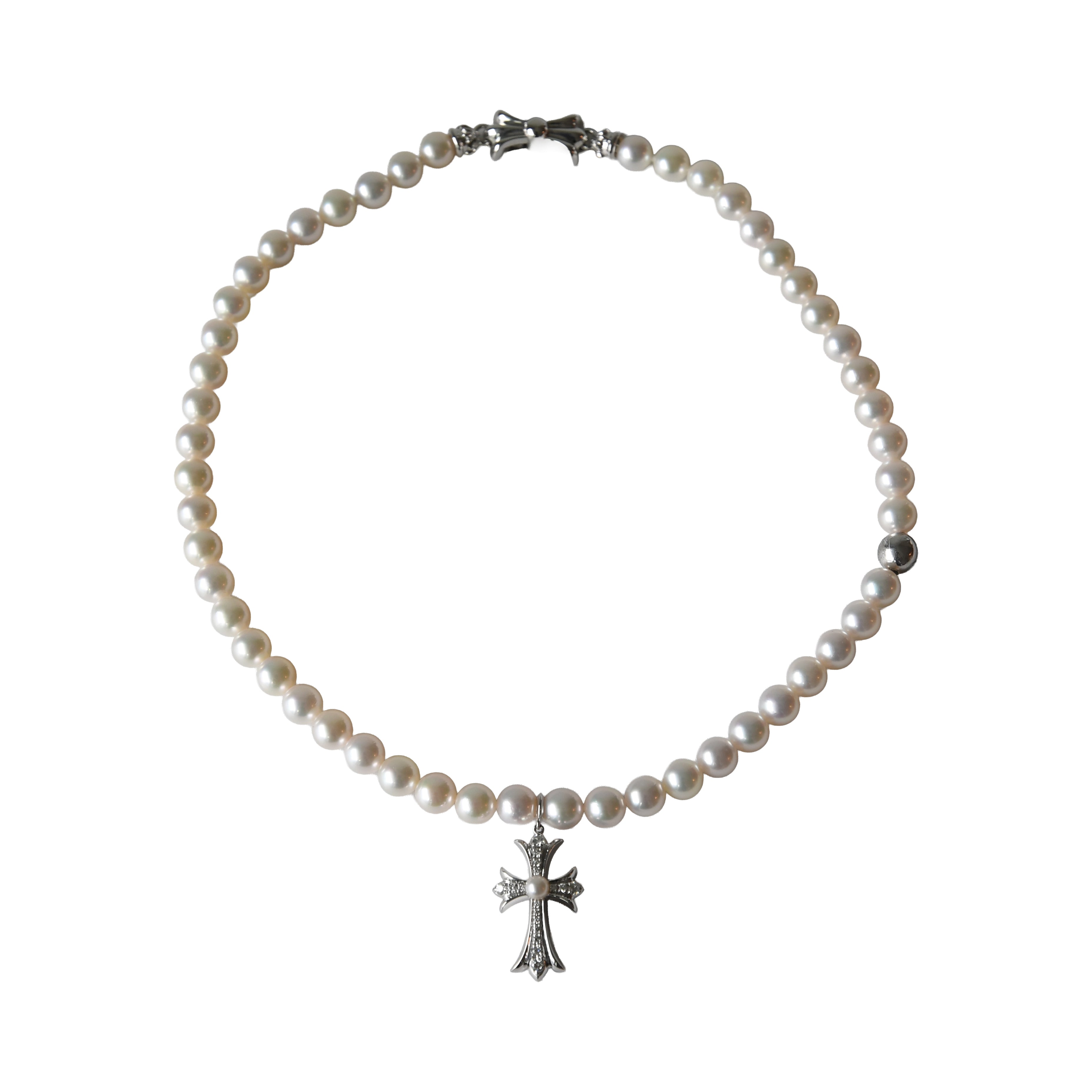 Chrome Hearts Pearl Necklace With Tiny CH Cross Strass Pendant