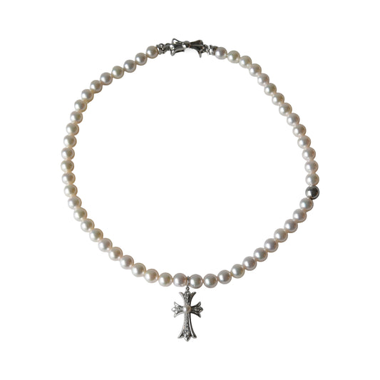 Chrome Hearts Pearl Necklace With Tiny CH Cross Strass Pendant Silver