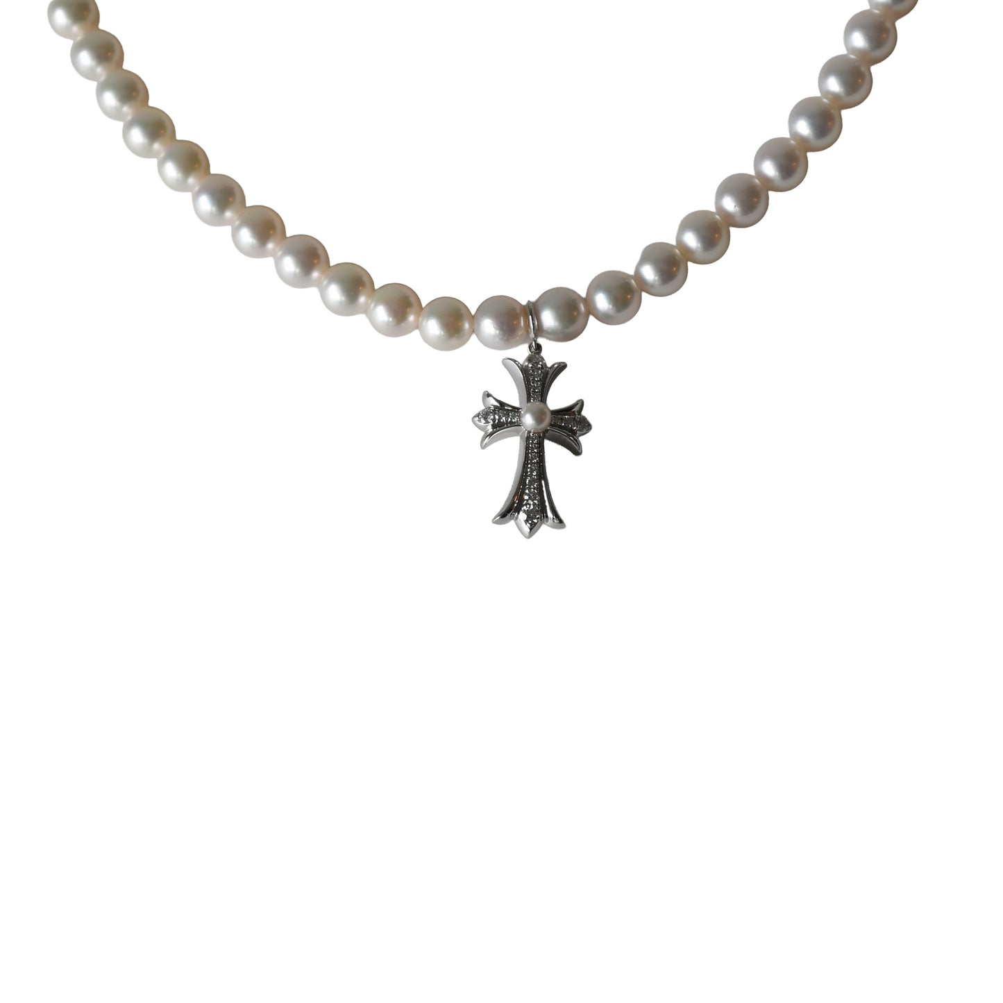Chrome Hearts Pearl Necklace With Tiny CH Cross Strass Pendant Silver