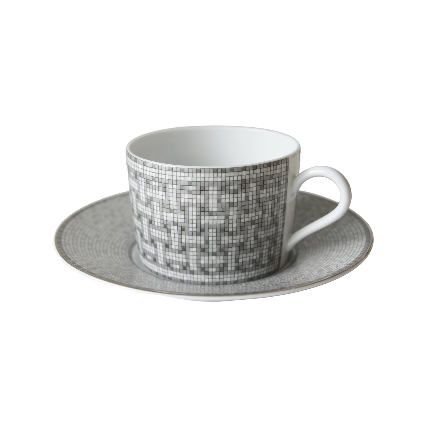 Hermes Mosaique au 24 Platinum Tea Cup and Saucer (2 Sets)