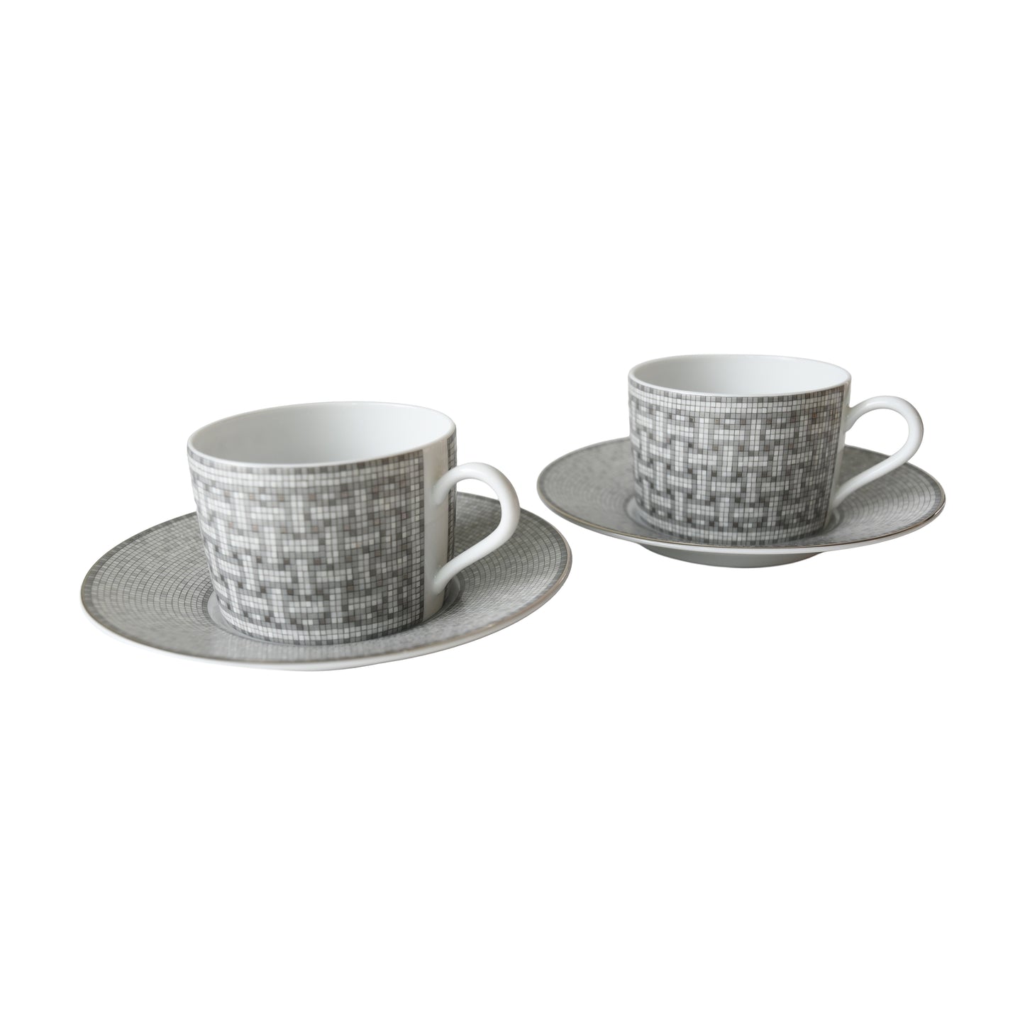 Hermes Mosaique au 24 Platinum Tea Cup and Saucer (2 Sets)
