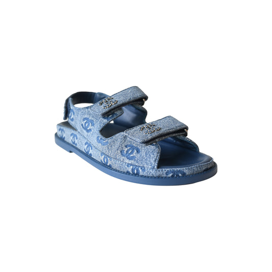 Chanel Printed Denim Interlocking CC Dad Sandals Blue