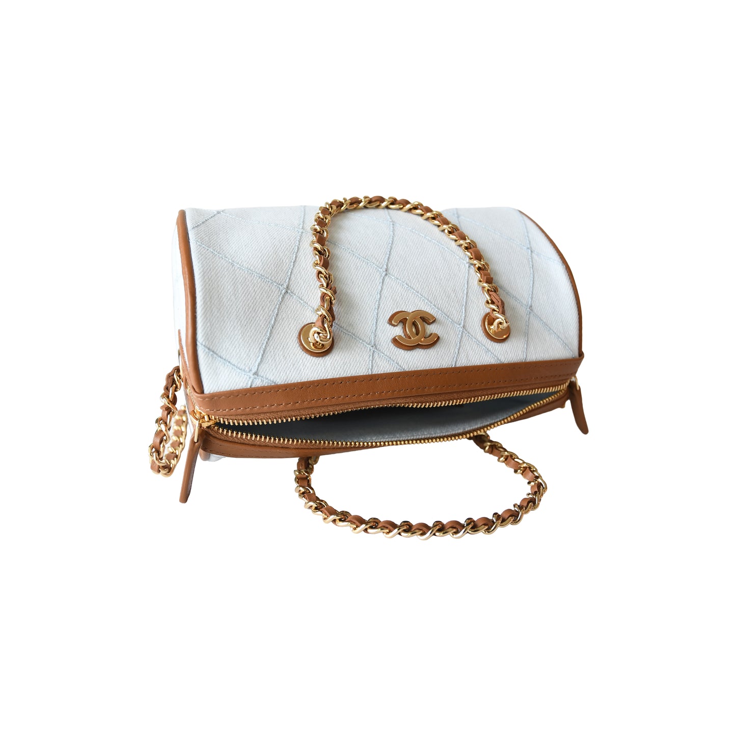 Chanel Quilted Coco Beach Mini Timeless Bowling Bag Light Blue White