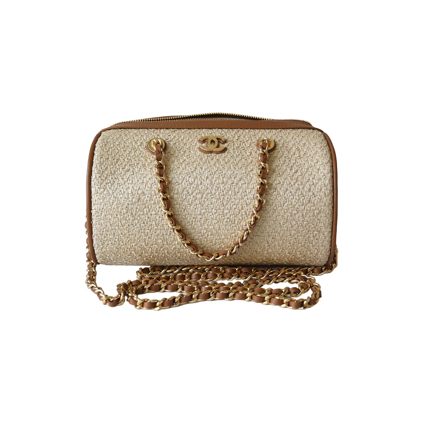 Chanel Coco Beach Mini Timeless Raffia Effect Bowling Bag Brown