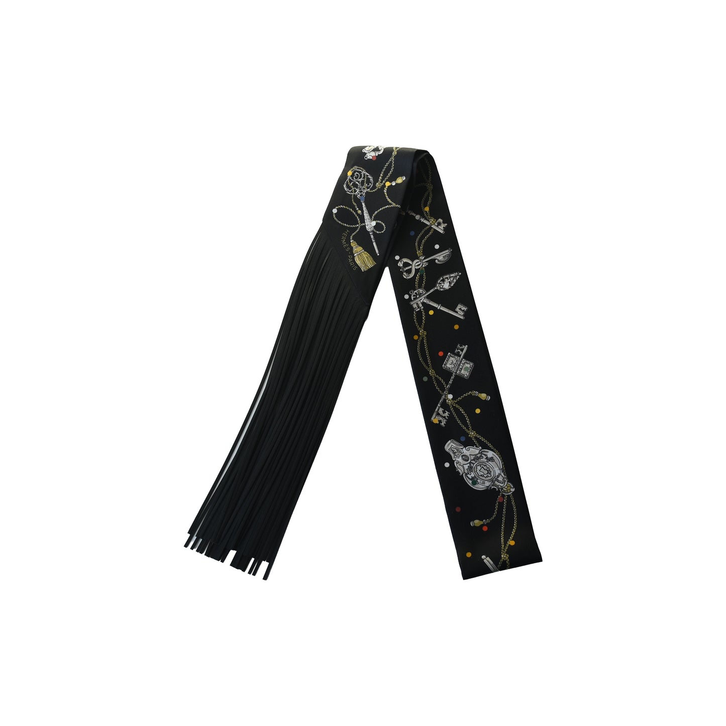 Hermes Les Cles a Pois Leather Fringes Twilly Noir