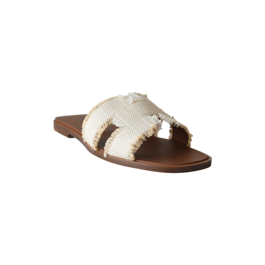 Hermes Oran Fringed Linen Canvas Sandal Beige