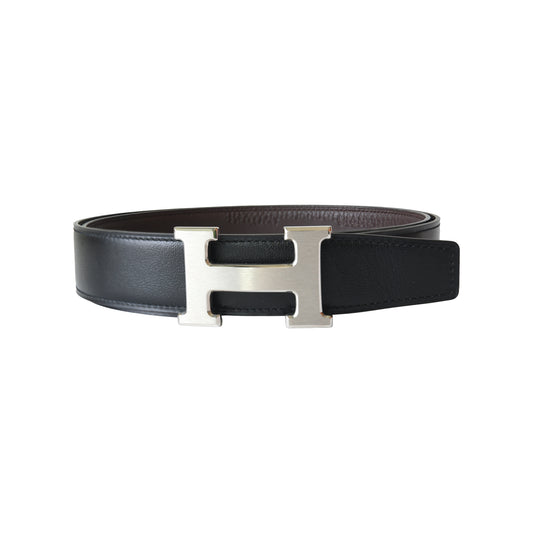 Hermes 32mm H Buckle Constance Reversible Belt Palladium Hardware Noir Chocolat