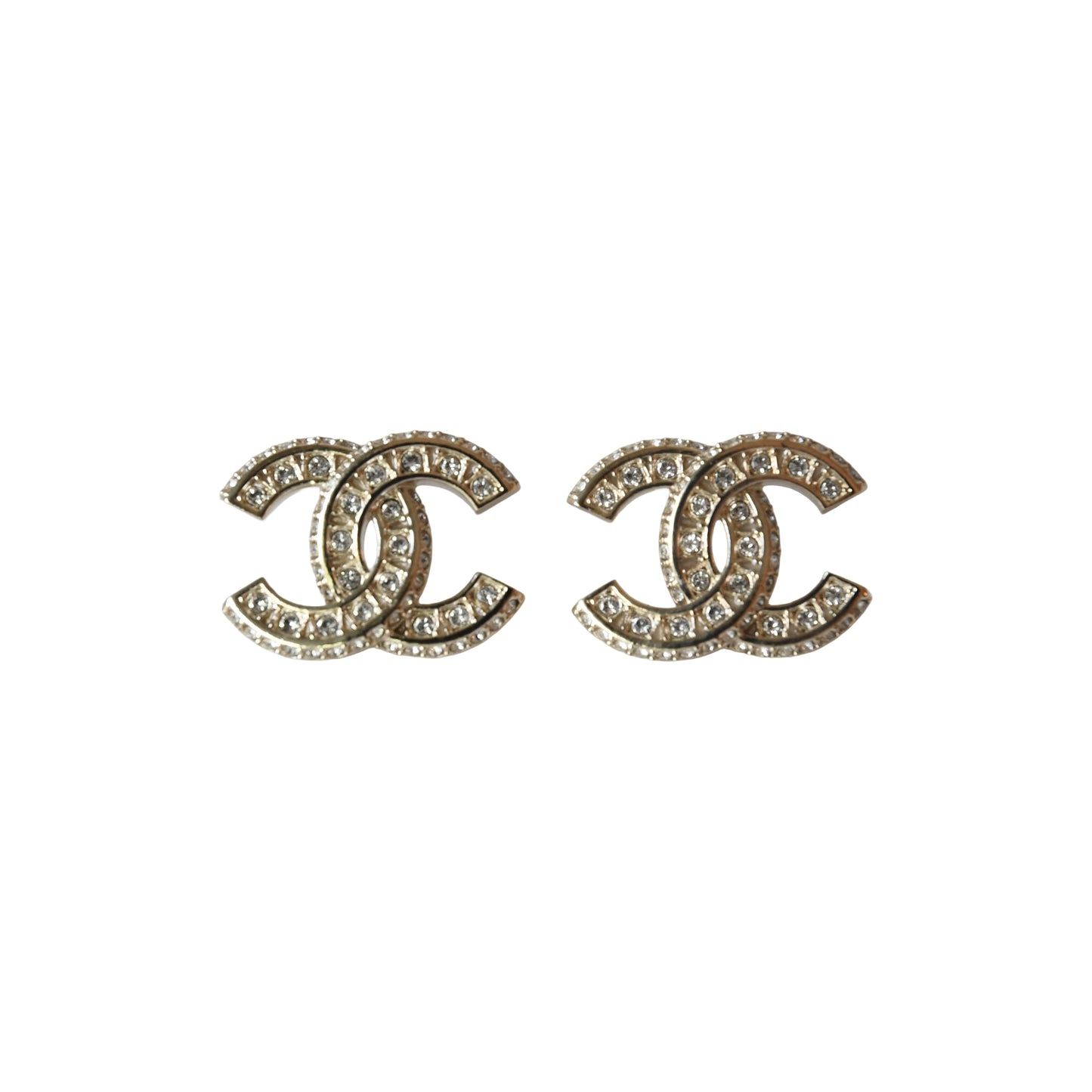 Chanel CC Timeless Crystal Strass Stud Earrings Light Gold