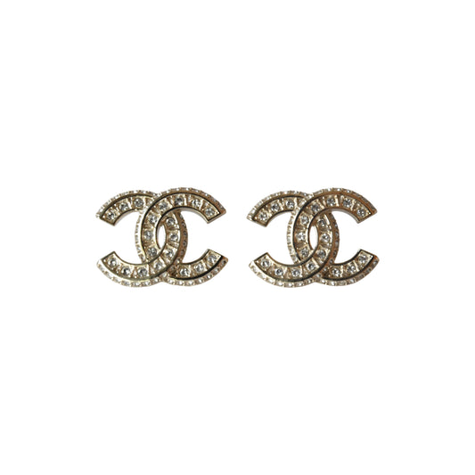 Chanel CC Timeless Crystal Strass Stud Earrings Light Gold