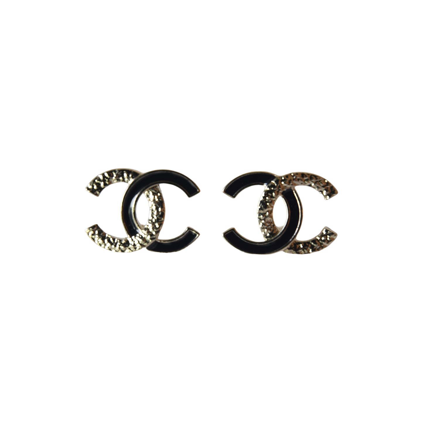 Chanel CC Textured Metal Resin Stud Earrings Gold Black