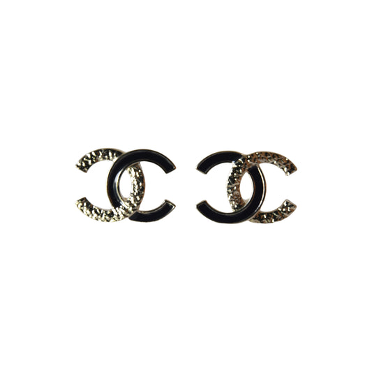 Chanel CC Textured Metal Resin Stud Earrings Gold Black