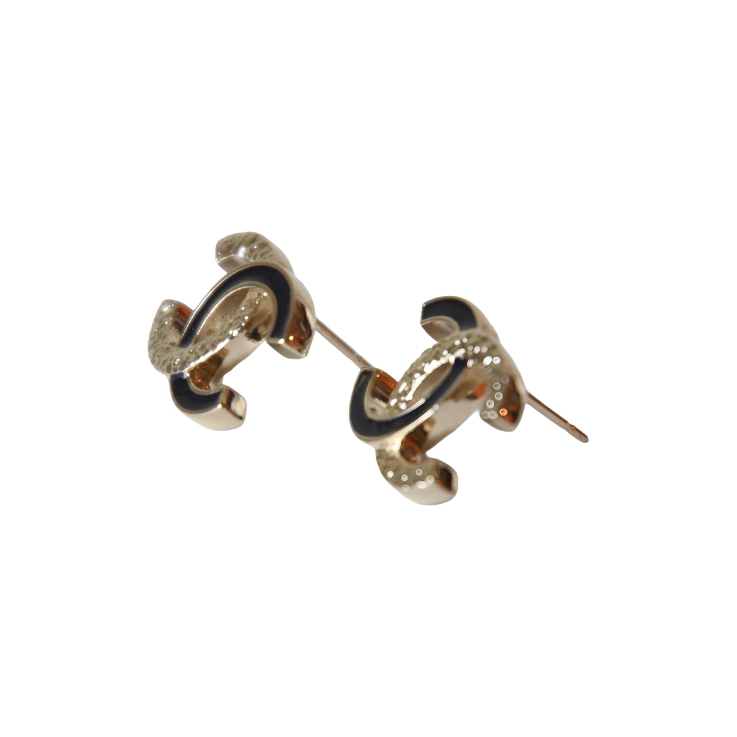 Chanel CC Textured Metal Resin Stud Earrings Gold Black