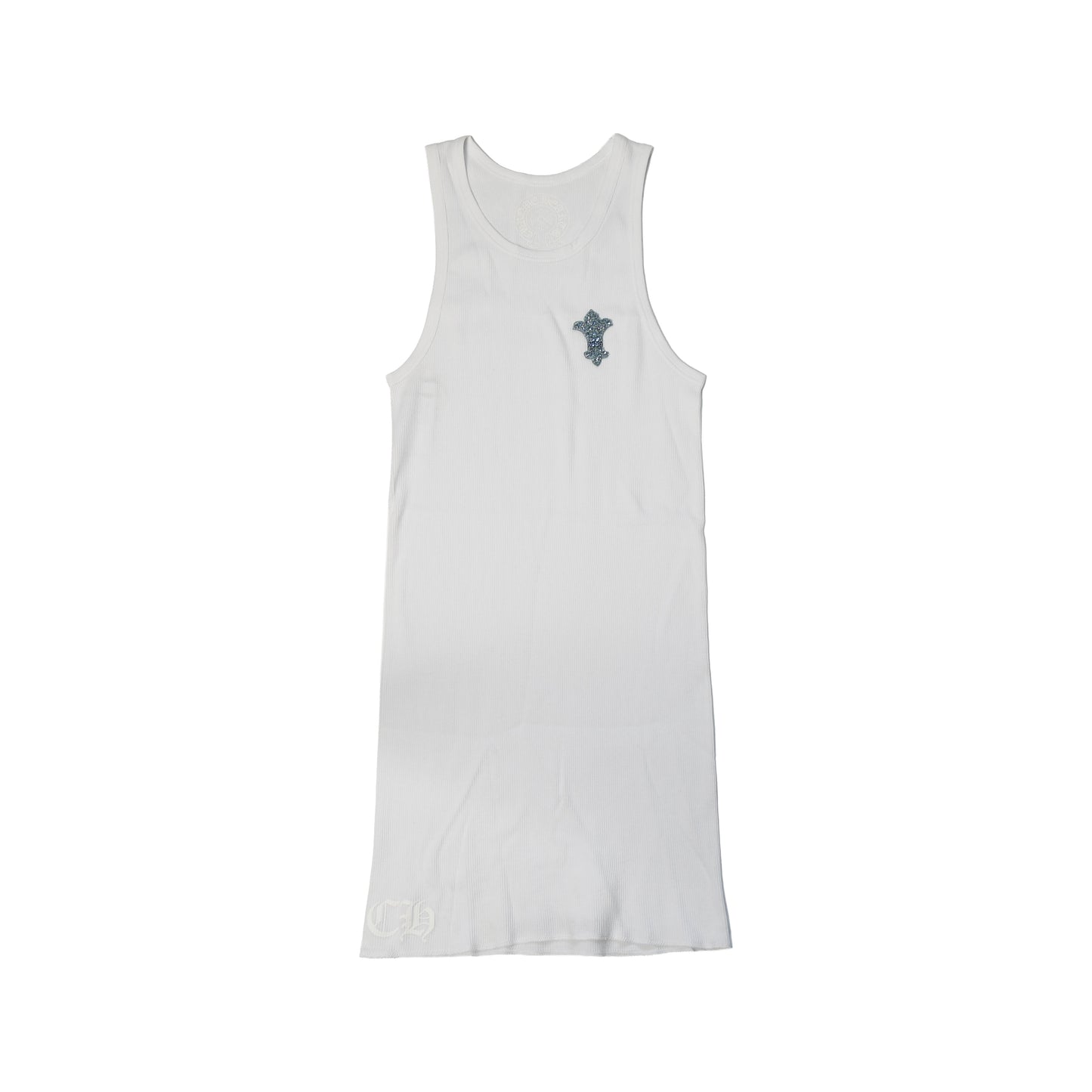 Chrome Hearts Ribbed Blue Glitter Leather Cross Patch Tank Top White