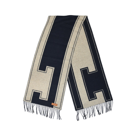 Hermes Cashmere Casaque Clefs de H Scarf Bleu Marine Beige Chine