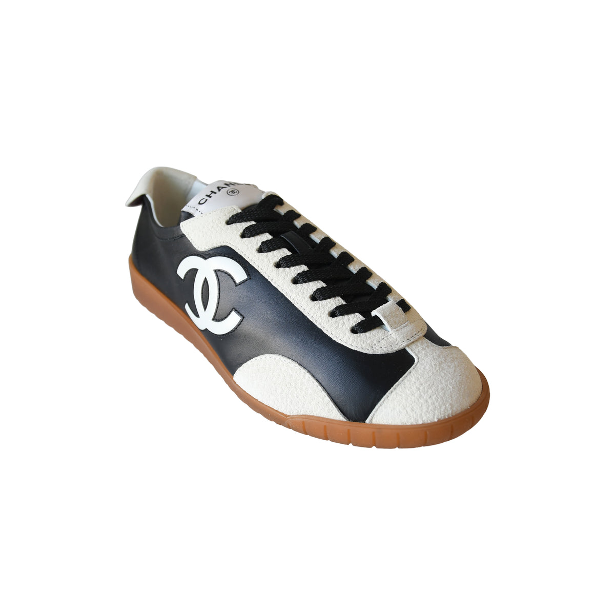 Chanel Calfskin Embossed Suede Sneaker Black White-NOBLEMARS