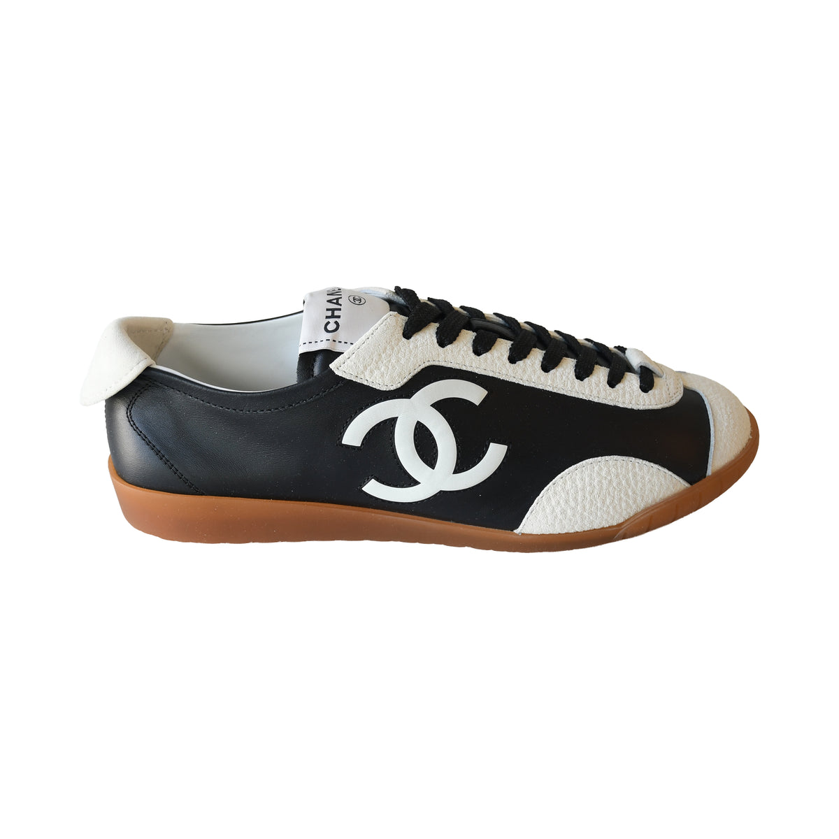 Chanel Calfskin Embossed Suede Sneaker Black White-NOBLEMARS
