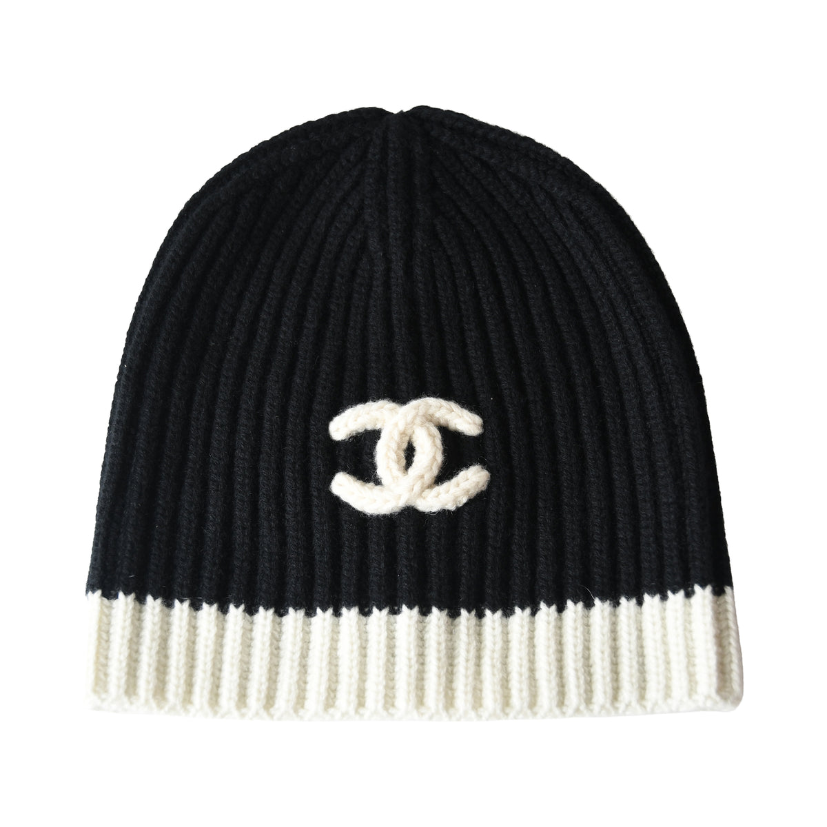 Chanel Cashmere Interlocking CC Logo Ribbed Beanie Black